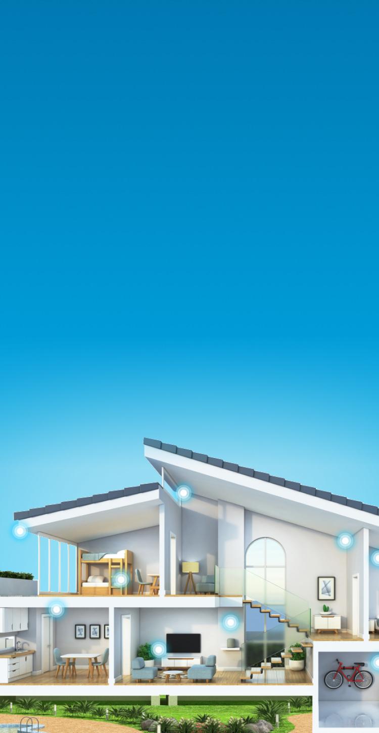 Blue sky background above. Sunrise behind an illustration of a home shown without the front walls so you can see the Wi-Fi hot spots (shown in blue orbs) throughout the rooms.