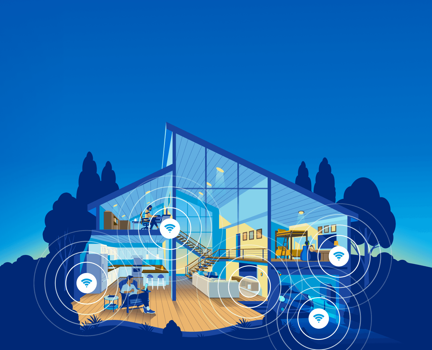 Cobalt (dark) blue fading to lighter blue in a horizon background. Illustration of home below shown without the front walls so you can see the Wi-Fi hot spots (shown in white orbs) throughout the rooms.