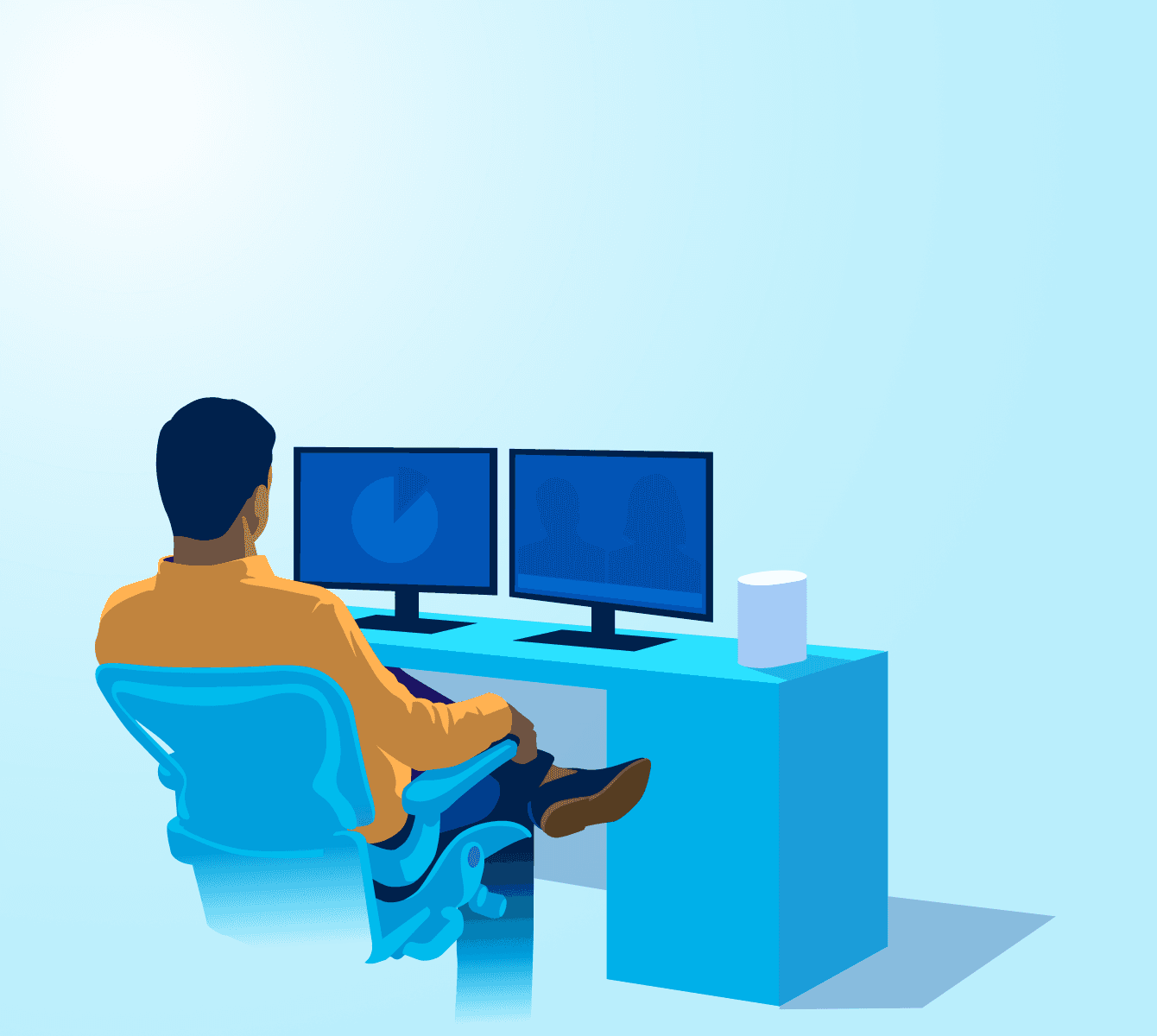 Illustration of behind man sitting at computer desk with 2 monitors and modem.