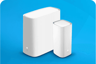 White AT&T All-Fi Router and AT&T Smart Wi-Fi Extender on blue embrace background.