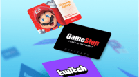 Blue background. (Top to bottom) Nintendo eShop, Game Stop, and Twitch reward cards hover.